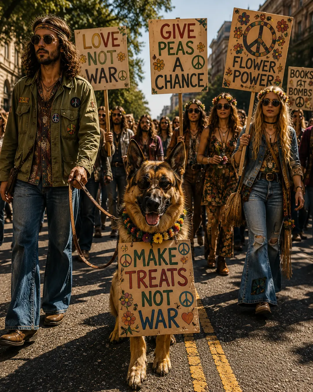 A sunglasses-wearing German Shepherd joins a flower-power peace march, carrying a playful “Make Treats Not War” protest sign.