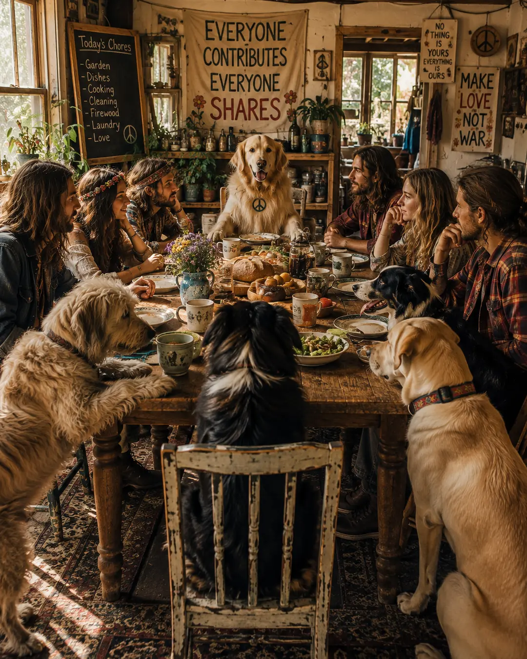 A hippie commune shares a rustic meal around a crowded table, with dogs joining the gathering beneath signs celebrating peace, love and community.