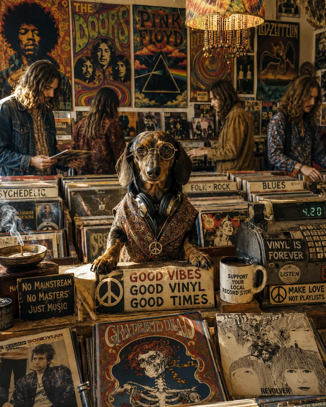 A dachshund in round glasses and headphones presides over a vintage record shop filled with classic rock vinyl, posters and psychedelic style.