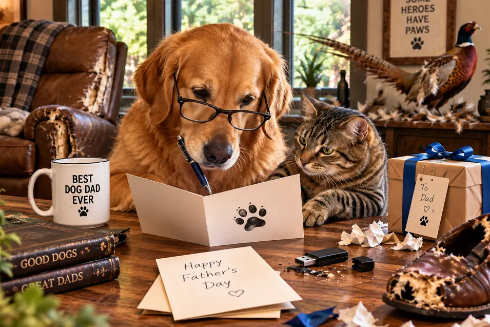 A Golden Retriever and tabby cat prepare a Father’s Day card and gift, surrounded by the humorous evidence of everything Dad puts up with.