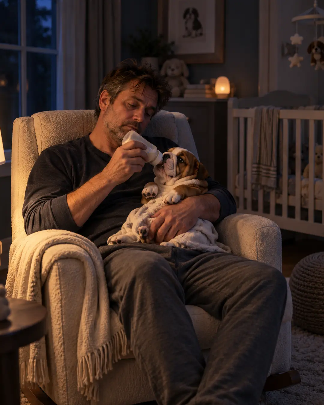 A tired father bottle-feeds a Bulldog puppy during a late-night nursery feeding, wrapped in blankets and warm lamplight.