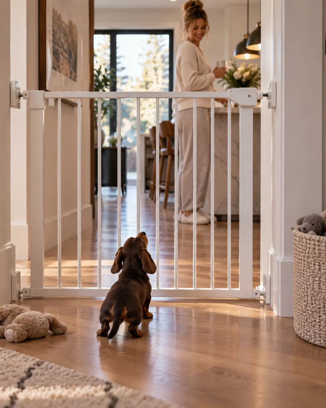 A tiny Dachshund waits behind the baby gate while Mom enjoys a suspiciously peaceful moment in the kitchen.