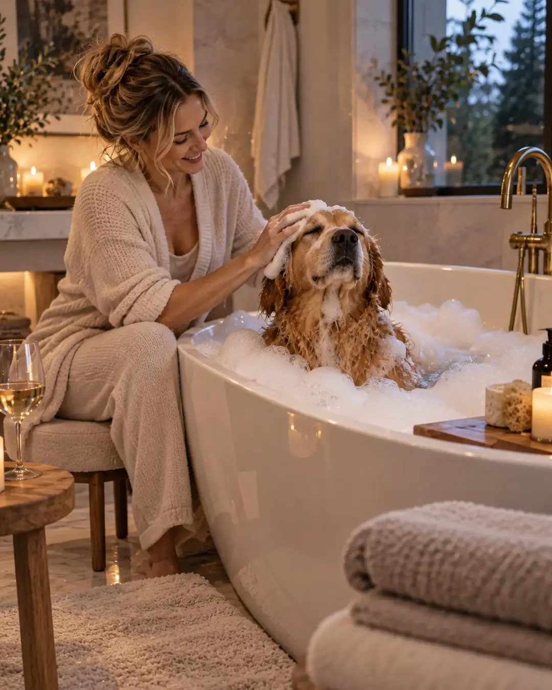 A pampered dog enjoys a candlelit bubble bath while his devoted mom gently washes his head.