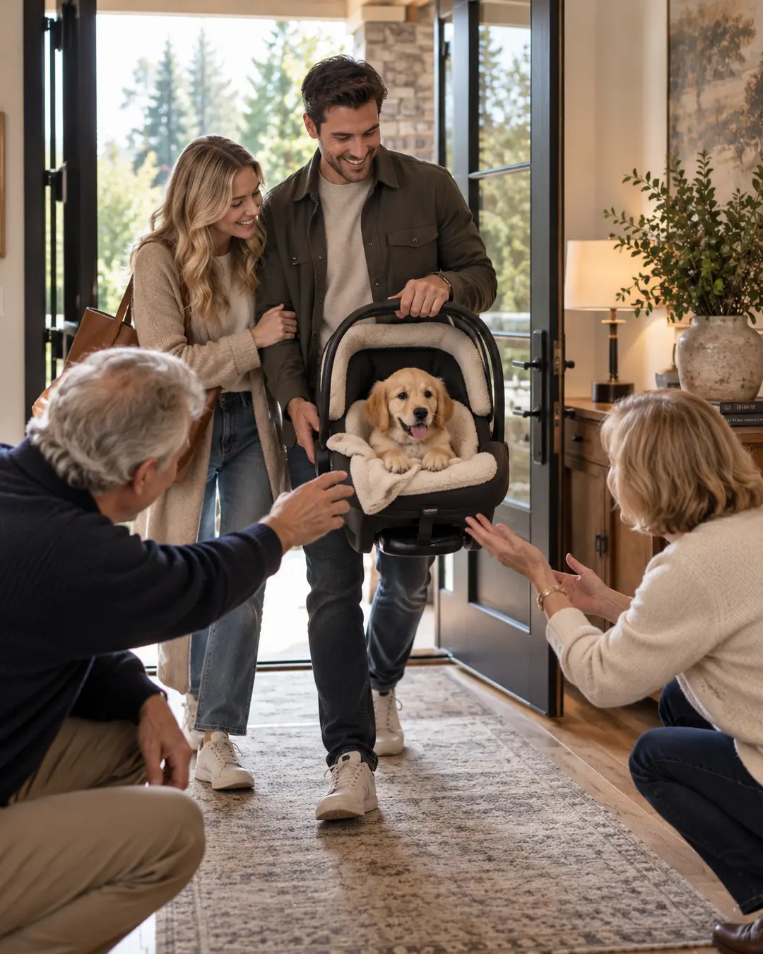A smiling couple brings home a Golden Retriever puppy in an infant carrier as delighted family members welcome the new arrival.