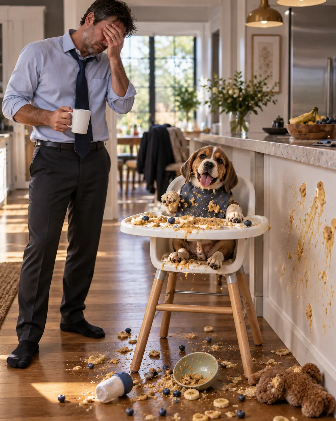 An exhausted dad surveys the aftermath as a delighted puppy turns breakfast in his high chair into spectacular chaos.