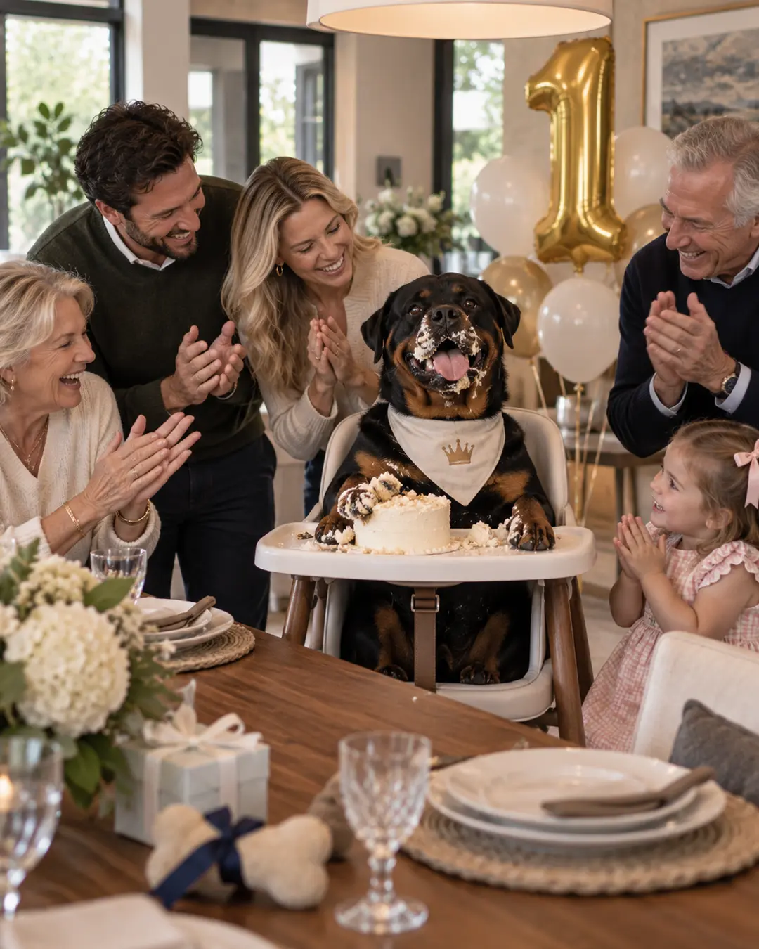 A Rottweiler celebrates his first birthday with cake, balloons and an adoring family gathered around to cheer him on.
