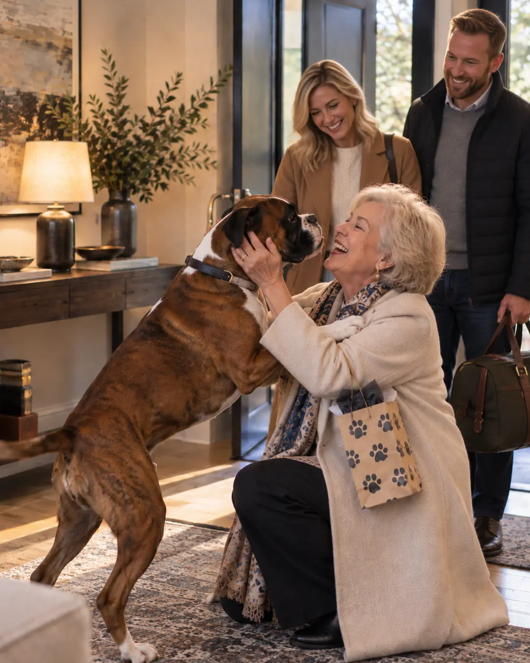 An excited Boxer greets Grandma at the door while his smiling owners watch the very enthusiastic family reunion.
