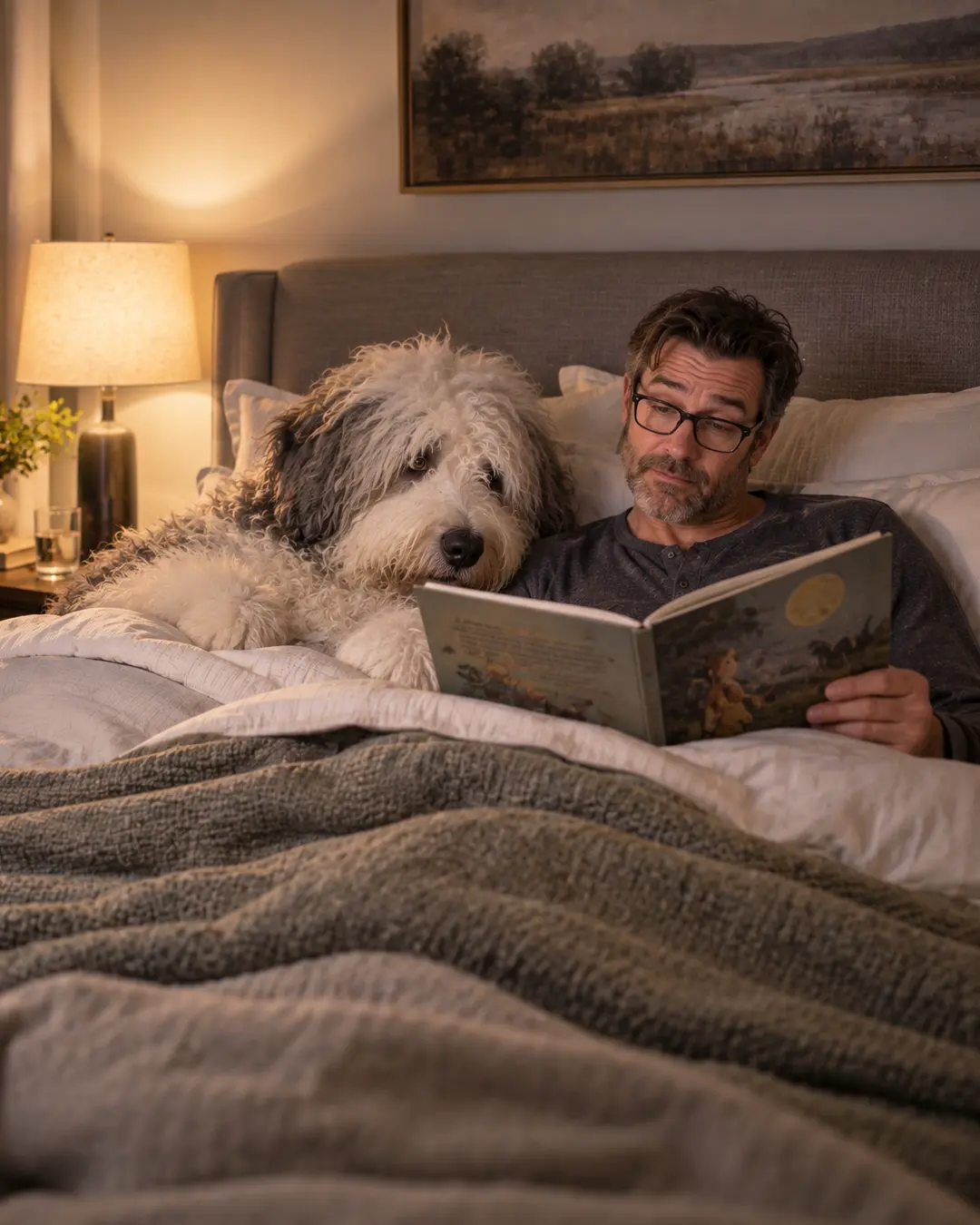 A devoted dog snuggles under the covers while his owner reads him a bedtime story in a warm, softly lit bedroom.
