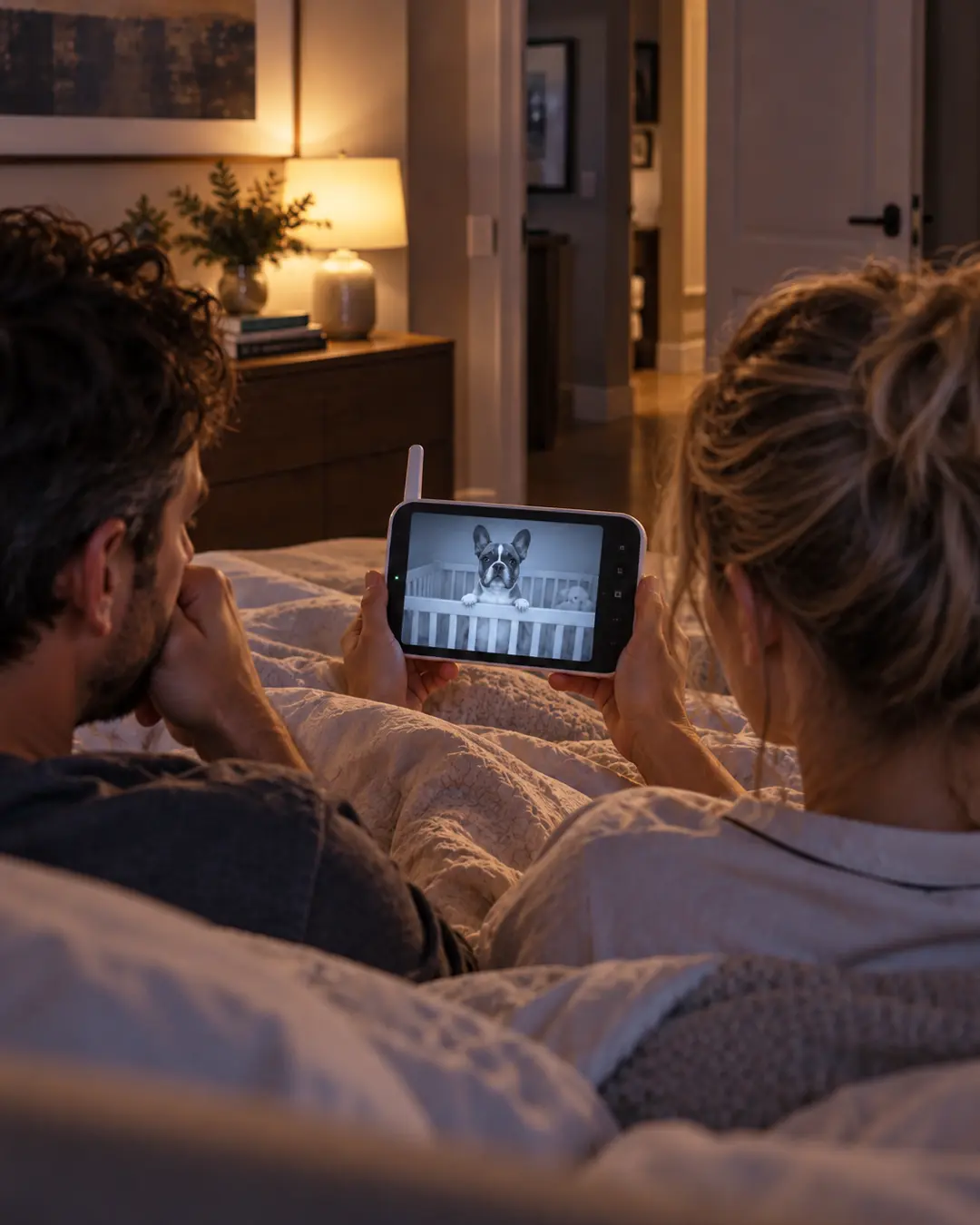 A tired couple watches their French Bulldog standing wide awake in his crib through the baby monitor late at night.