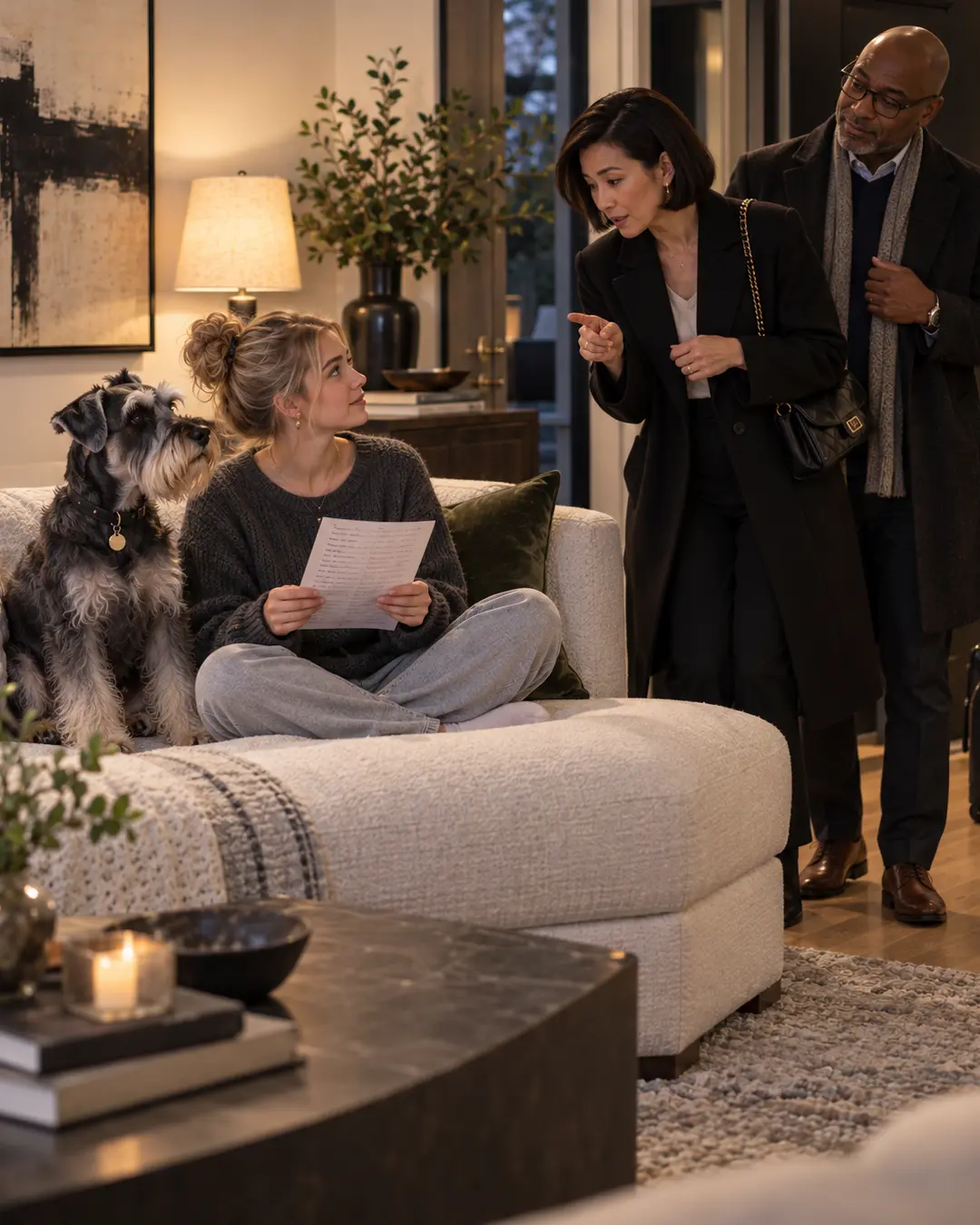 A couple gives their dog sitter detailed instructions before heading out, while the Schnauzer listens from his spot on the sofa.