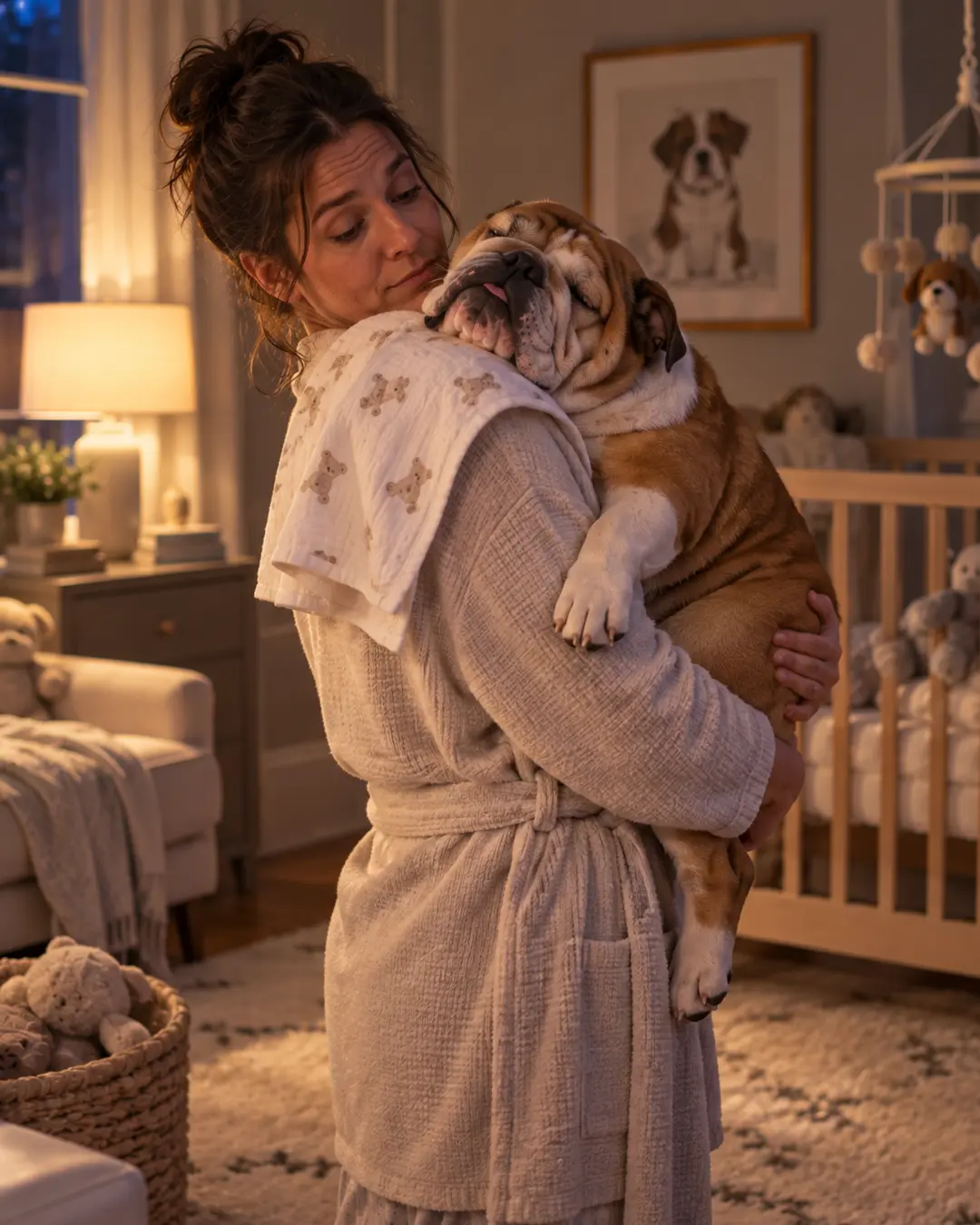 A tired mother burps a sleepy Bulldog over her shoulder in a softly lit nursery, taking the idea of a fur baby completely literally.