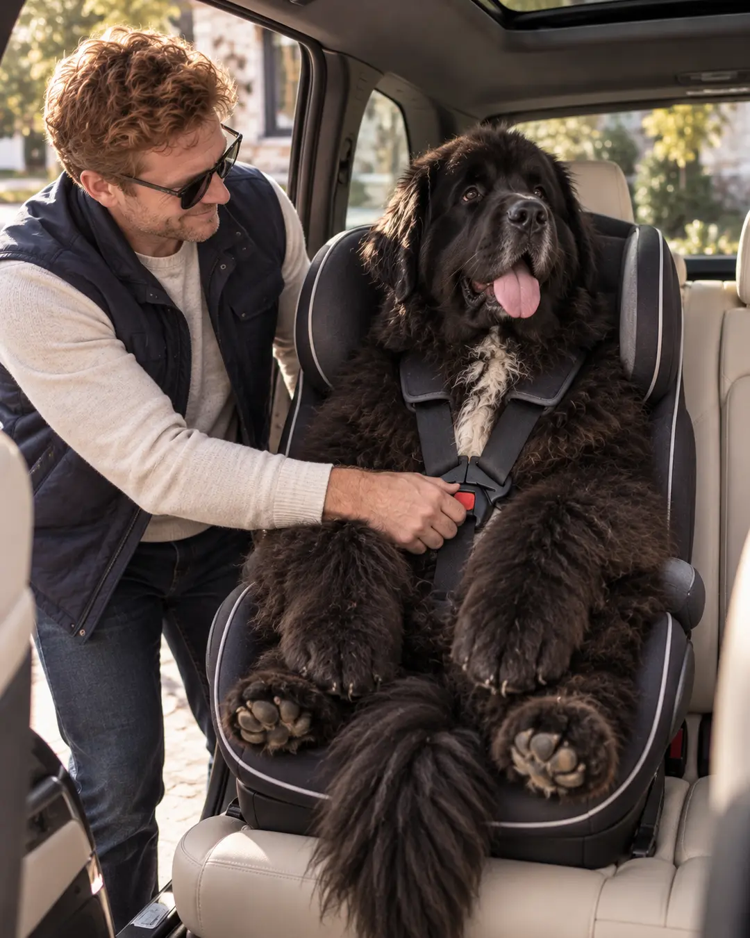 A man buckles an enormous Newfoundland into a child car seat, taking pet-parent safety precautions to hilariously literal extremes.