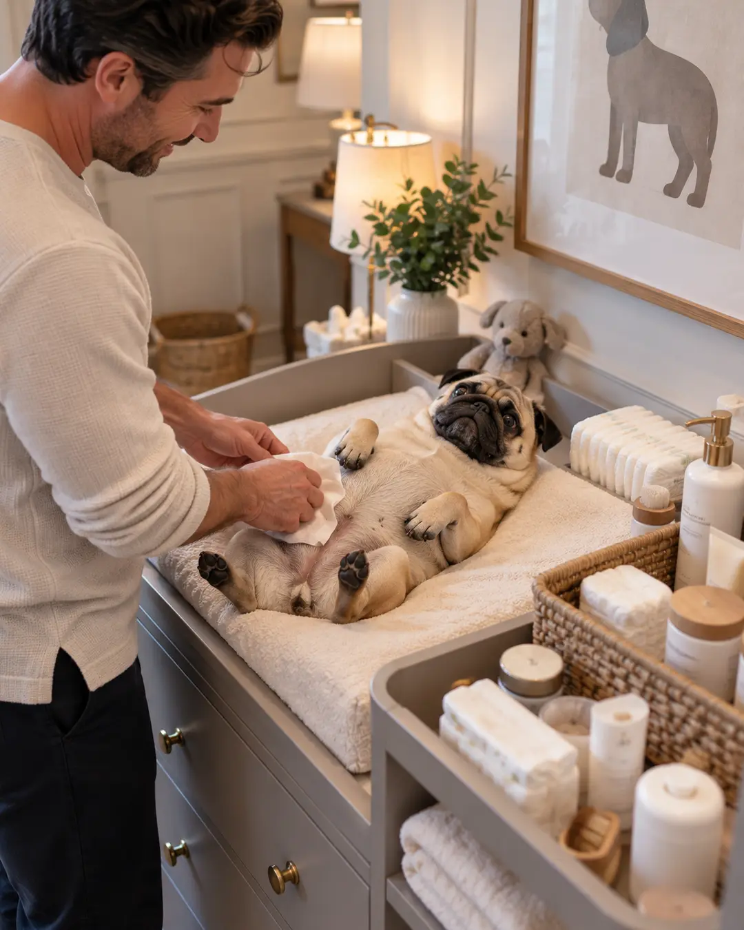 A man gently tends to a Pug lying on a changing table, surrounded by neatly organized baby supplies in a warm, stylish nursery.