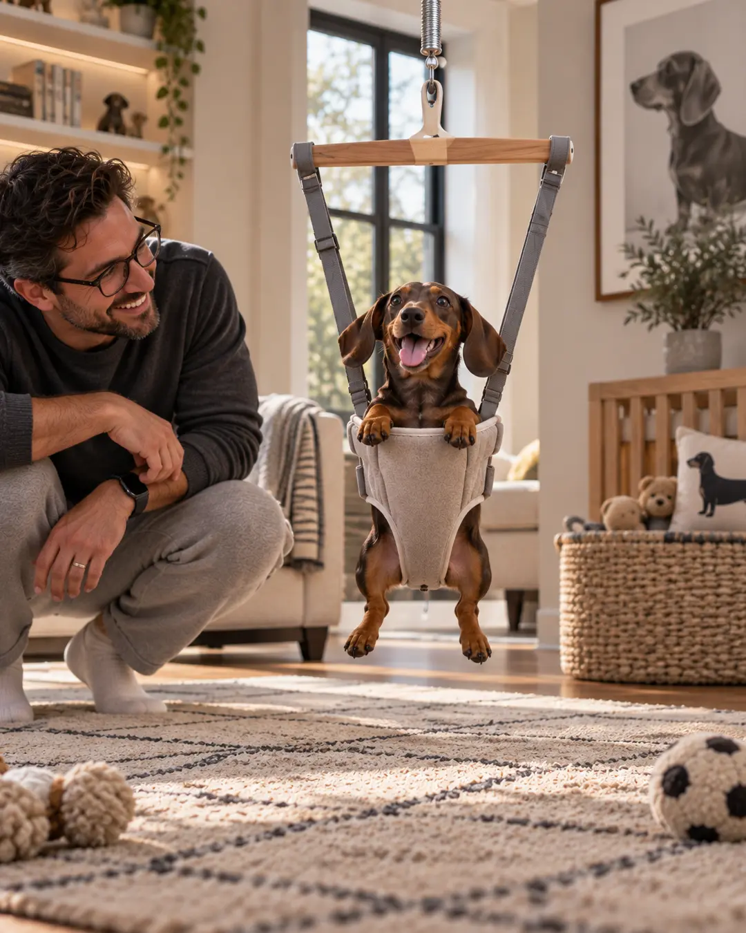A delighted Dachshund bounces in a baby jumper while his smiling owner watches in a bright, playful nursery.