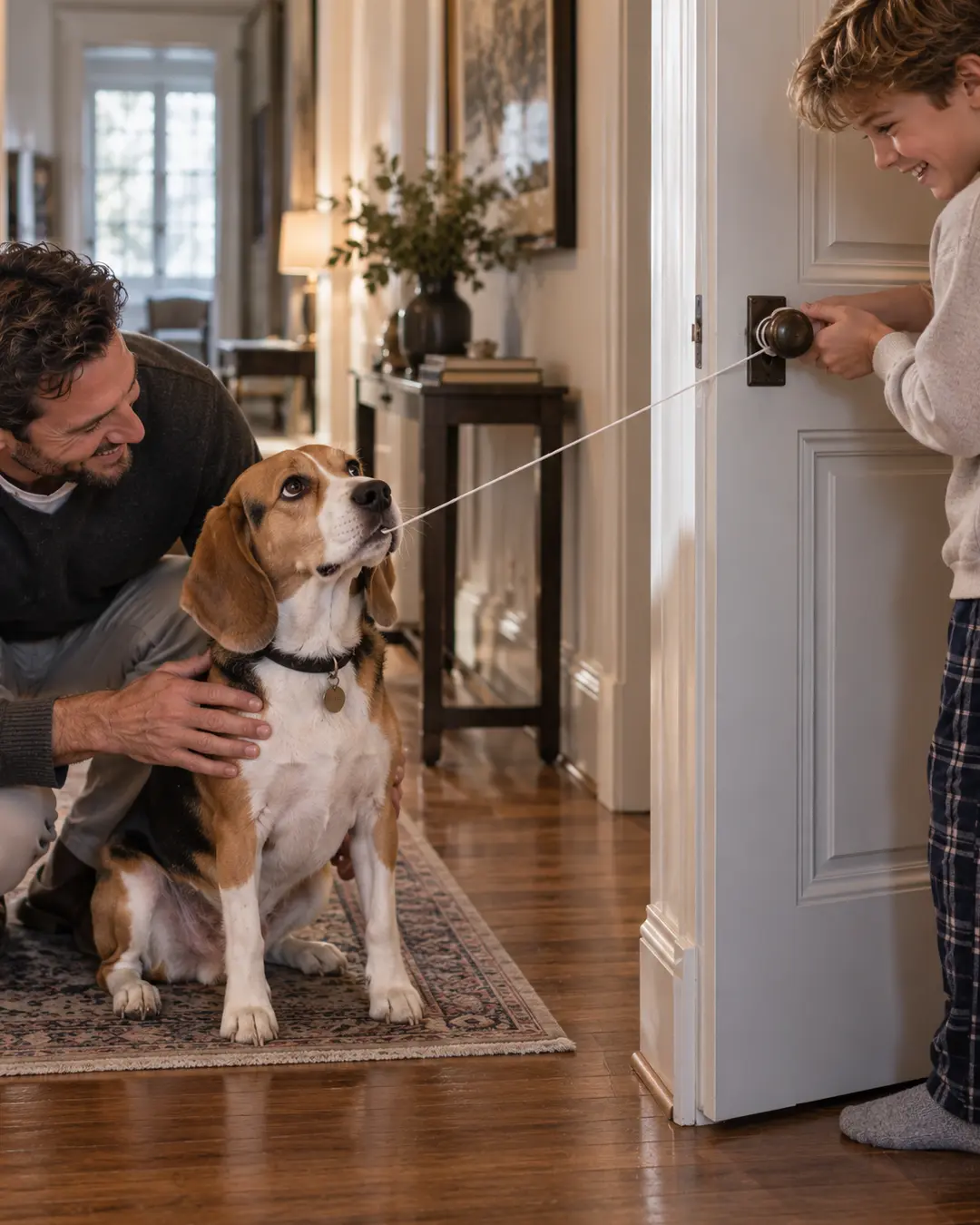 A boy pulls a loose tooth from his very patient Beagle while Dad supervises the unconventional family dental procedure.