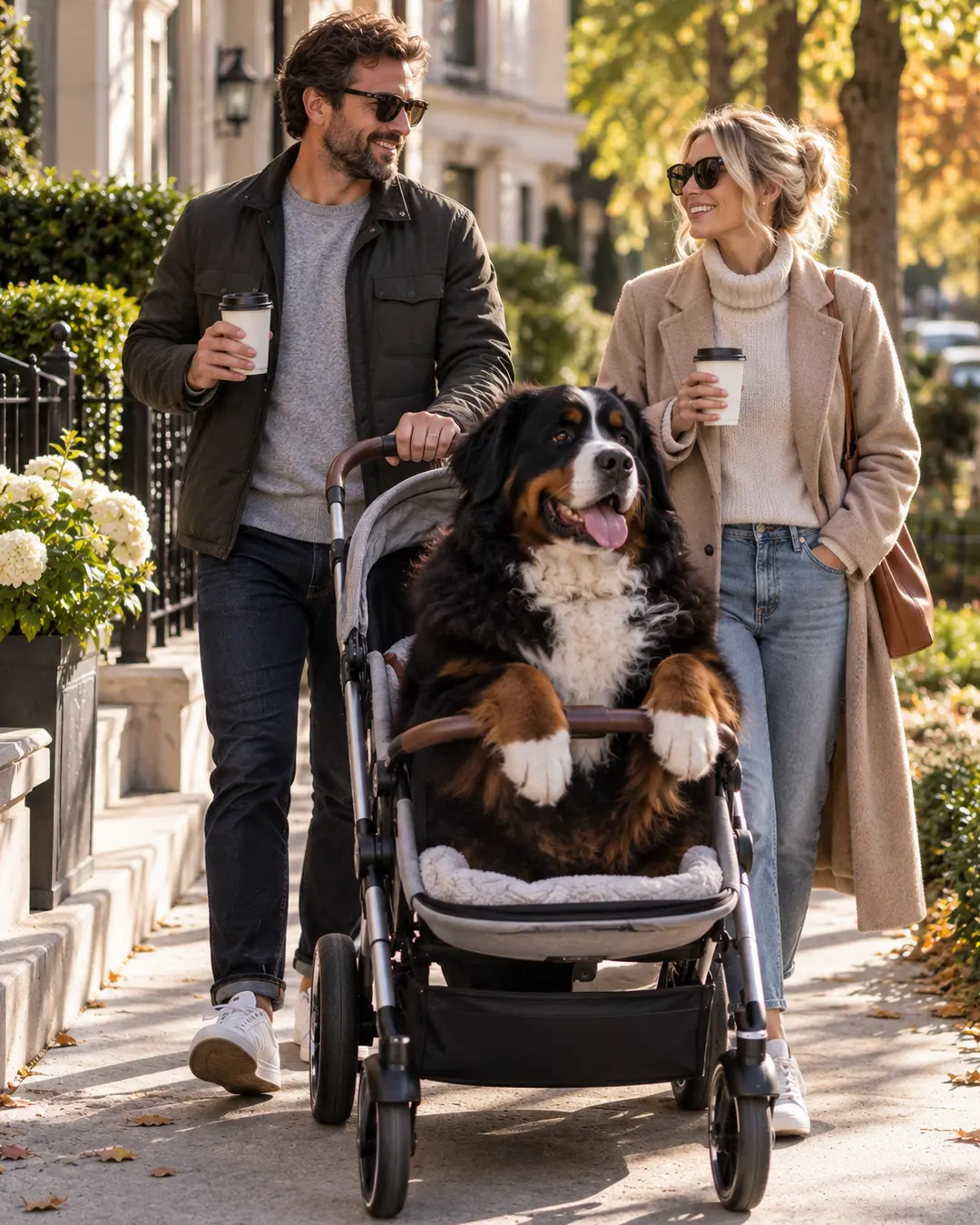 A smiling couple strolls with their enormous Bernese Mountain Dog tucked into a stroller, enjoying coffee on a sunny autumn morning.