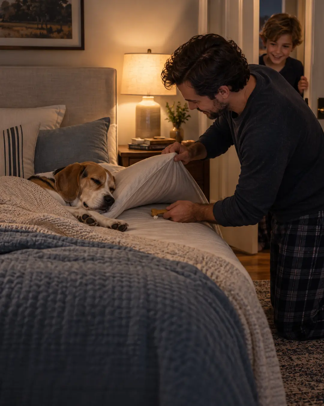 Dad slips a bone under the pillow for a sleeping Beagle while his son watches the canine tooth fairy at work.