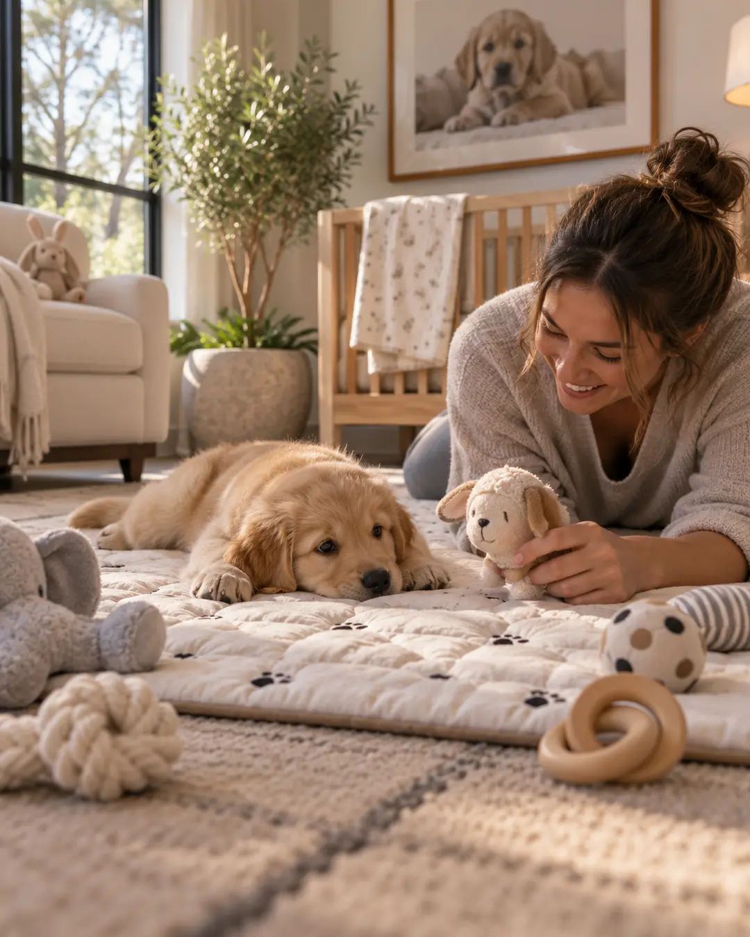A woman joins a Golden Retriever puppy for tummy time on a nursery floor, surrounded by soft toys and warm morning light.