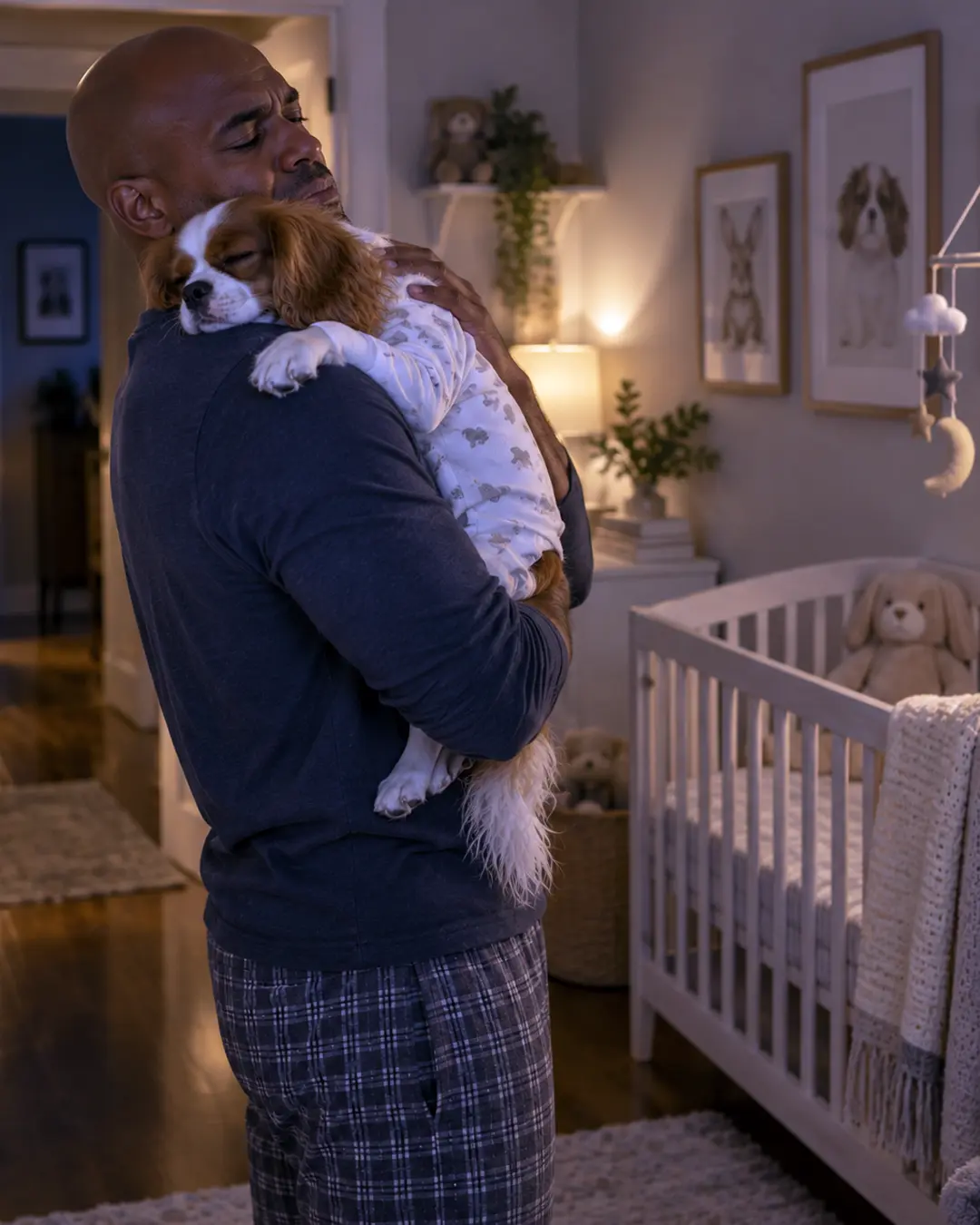 A tired father rocks a sleepy Cavalier King Charles Spaniel in pajamas beside the crib during a late-night attempt to get him back to sleep.