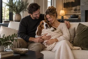 A couple cuddles their blanket-wrapped Basset Hound on the sofa, taking the idea of a fur baby completely literally.