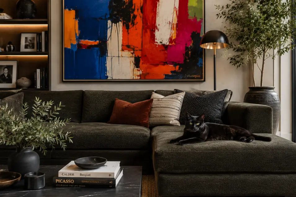 Black cat lounges on a deep olive sectional, its dark coat blending into the upholstery while vibrant oversized artwork brings the room to life.