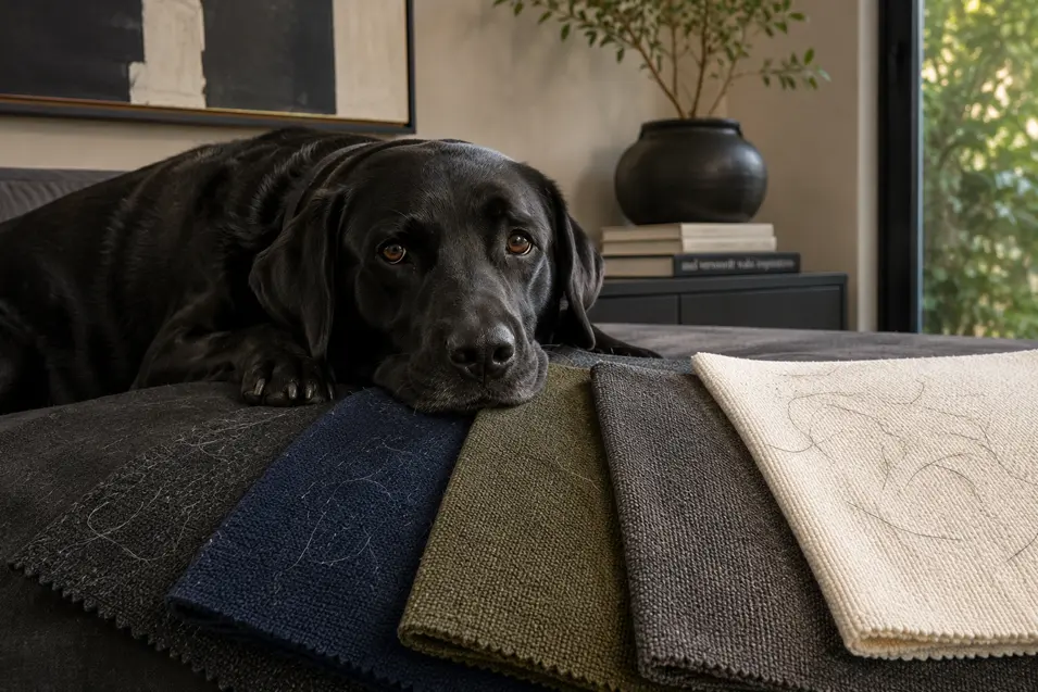 Black Labrador rests beside charcoal, navy, olive, graphite and cream upholstery swatches, revealing how dramatically pet hair shows on different colours.