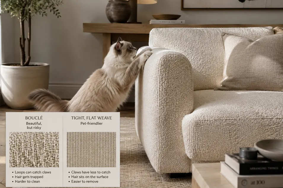 Cat scratches a cream sofa beside a visual comparison of bouclé and tight-weave upholstery, highlighting which fabric is more pet-friendly.