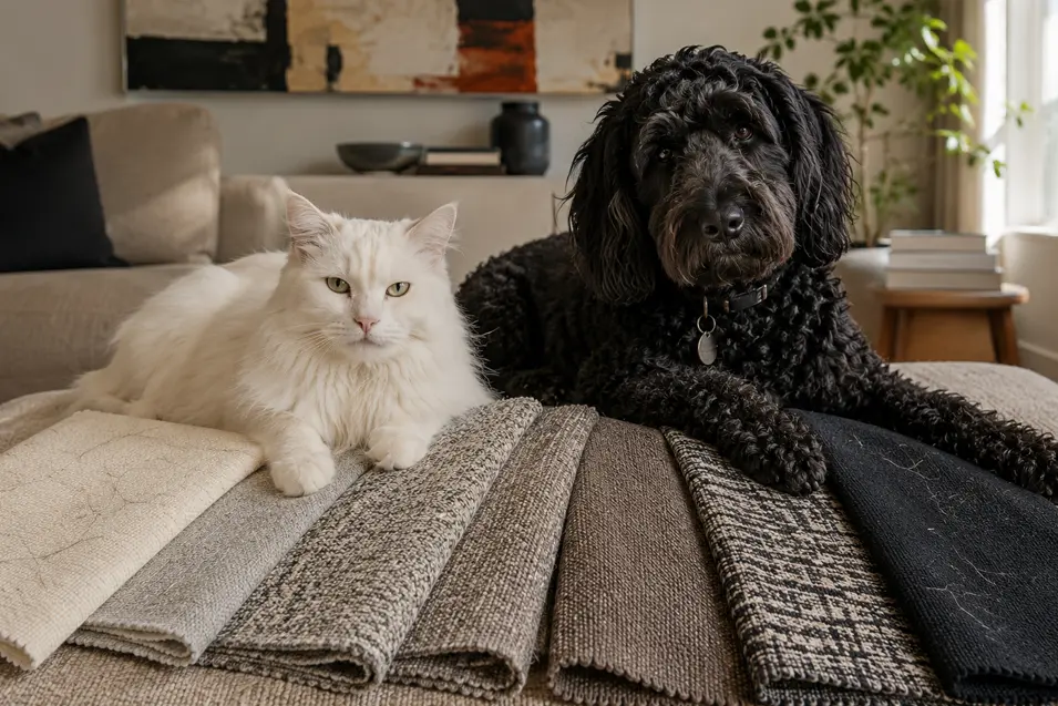 White cat and black dog pose with patterned, heathered and mid-tone upholstery swatches, illustrating the challenge of choosing fabric for contrasting pets.
