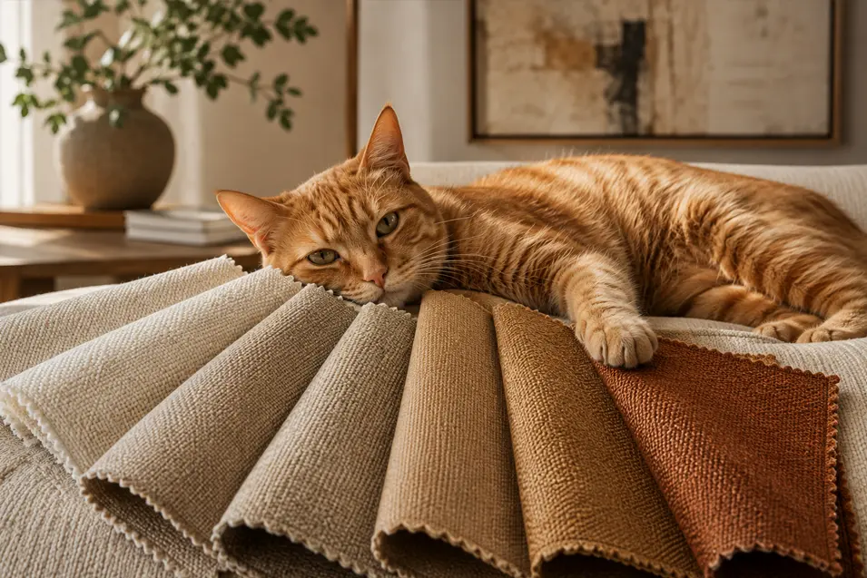 Ginger cat lounges beside upholstery swatches in cream, oatmeal, camel and rust, showing how fabric colour can help disguise pet hair.