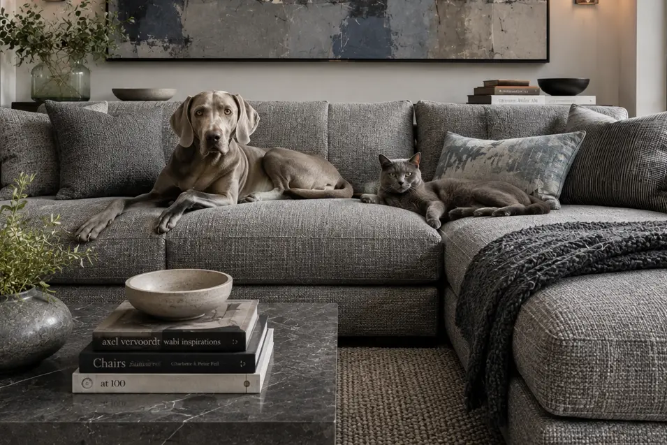 Grey dog and cat lounge on a textured charcoal sectional, blending naturally into a sophisticated room filled with layered neutrals and bold art.