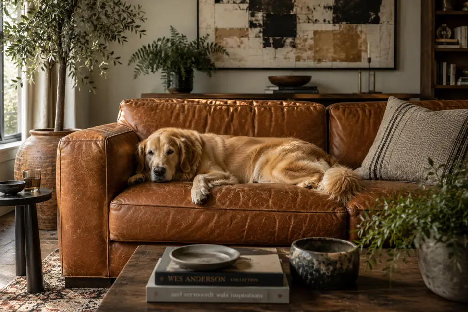 Golden dog sleeps on a warm cognac leather sofa, its coat blending beautifully with the rich upholstery in a sophisticated, art-filled living room.