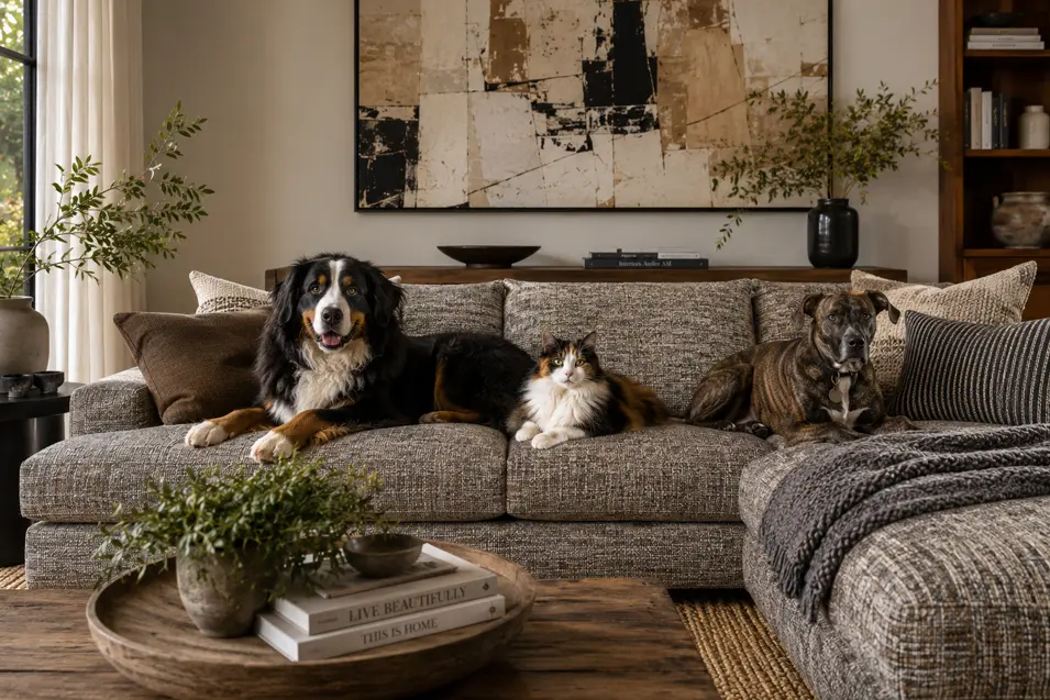 Two dogs and a cat lounge on a textured neutral sectional, showing how patterned, mid-tone upholstery can disguise pet hair from different coats.