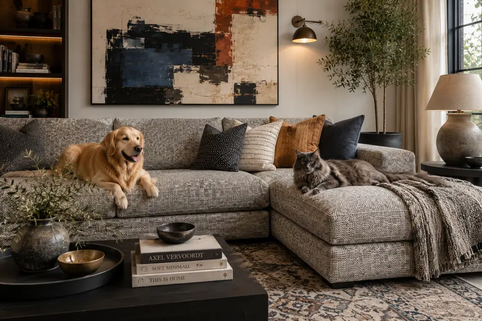 Golden dog and grey cat relax on a patterned sectional, showing how textured mid-tone upholstery can cleverly camouflage different shades of pet hair.