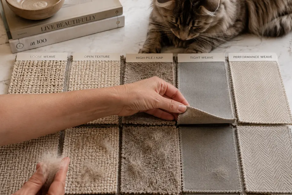 Cat watches as upholstery samples compare loose, open, high-pile, tight and performance weaves, showing which textures trap or release pet hair.