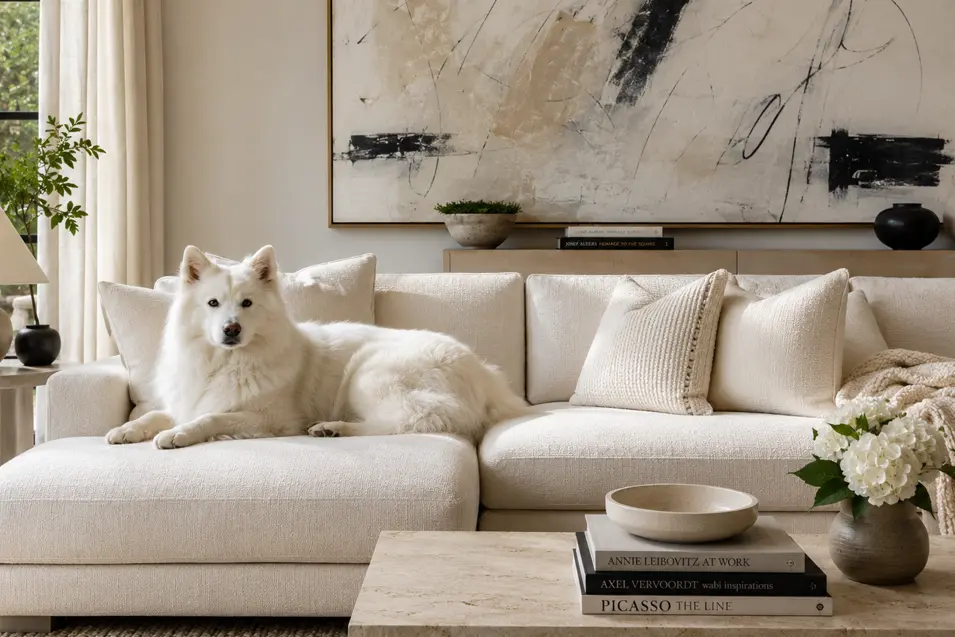 White dog relaxes on a cream sectional in a refined neutral living room, where matching upholstery helps its coat visually disappear into the design.