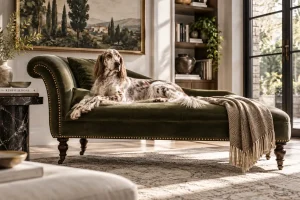 English Setter lounges on an elegant olive velvet chaise in a sunlit traditional living room with warm wood and classic landscape art.