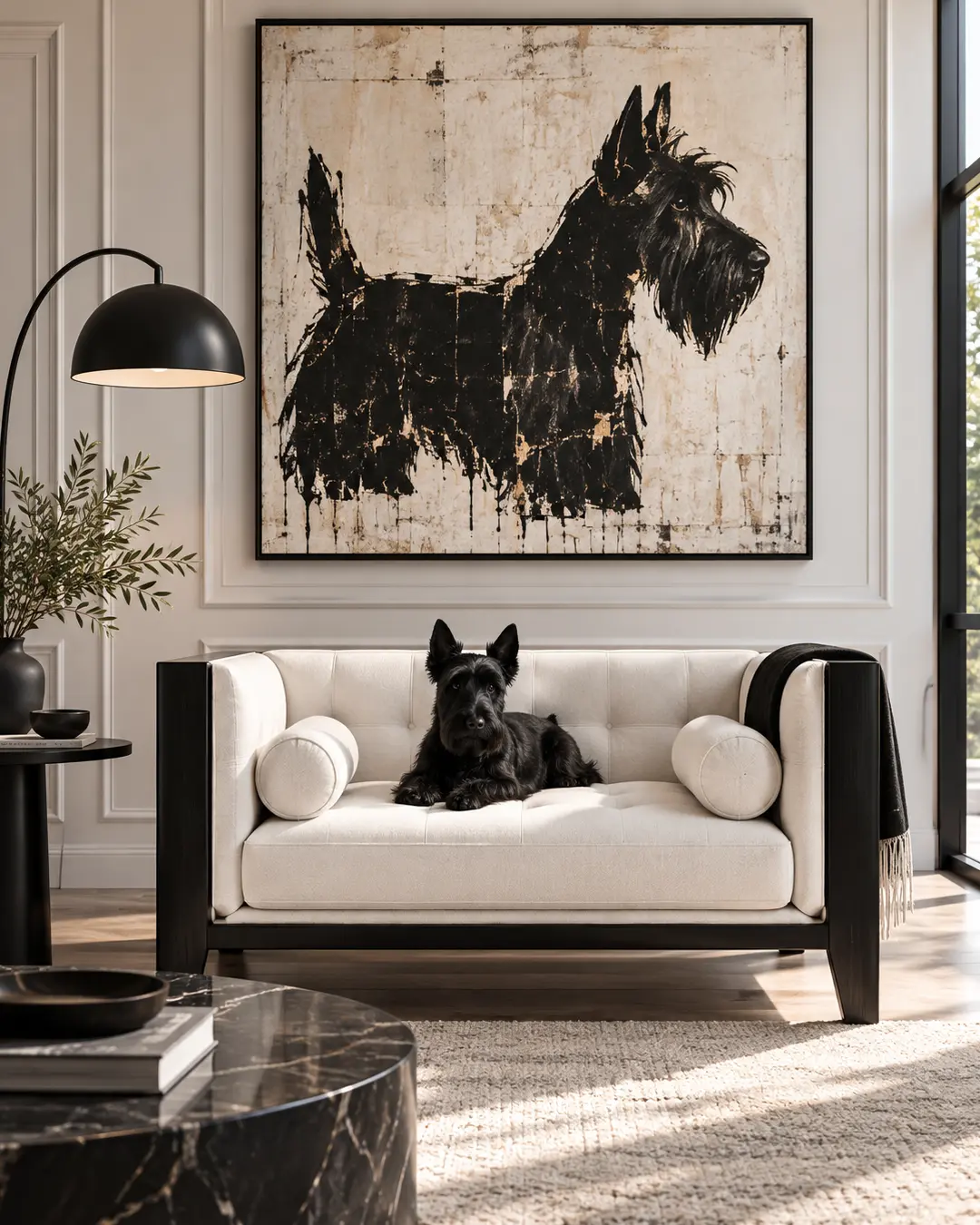 Black Scottie lounges on a tailored cream sofa beneath a bold oversized dog portrait in a sophisticated black-and-white living room.