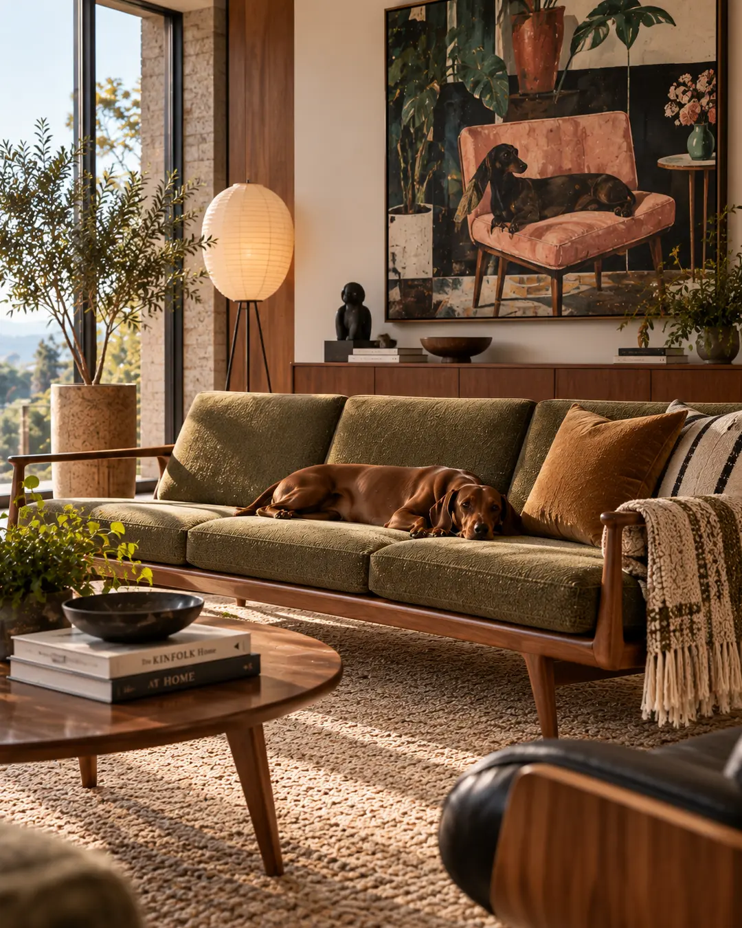 Dachshund naps on an olive mid-century sofa beneath oversized dog art in a warm, beautifully styled modern living room.