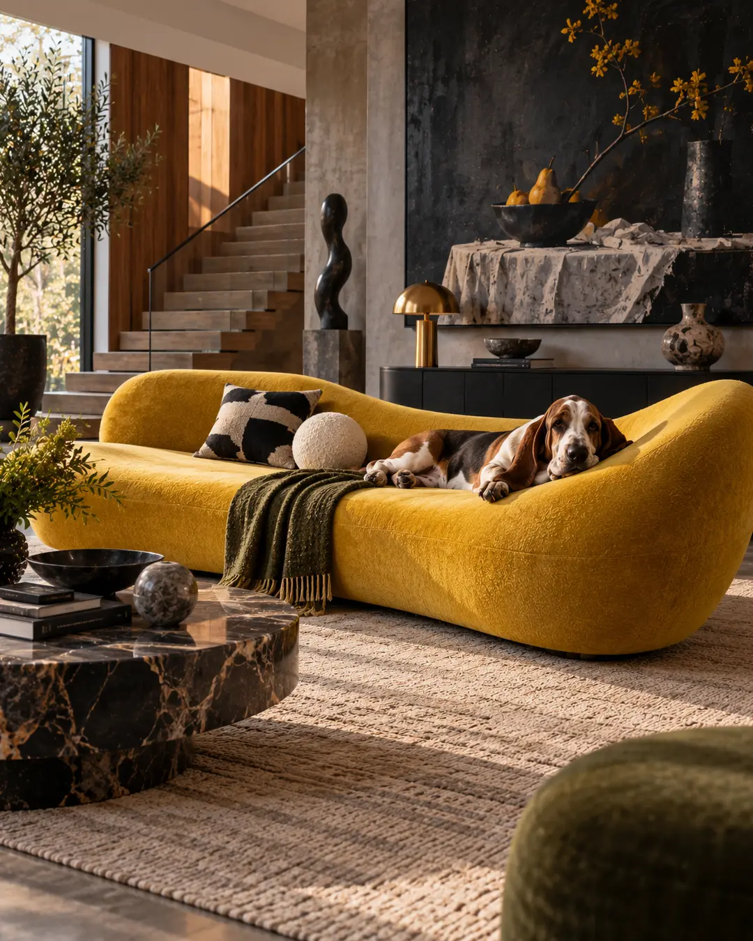 Basset Hound relaxes on a sculptural mustard sofa in a striking contemporary living room with dramatic art and warm natural textures.