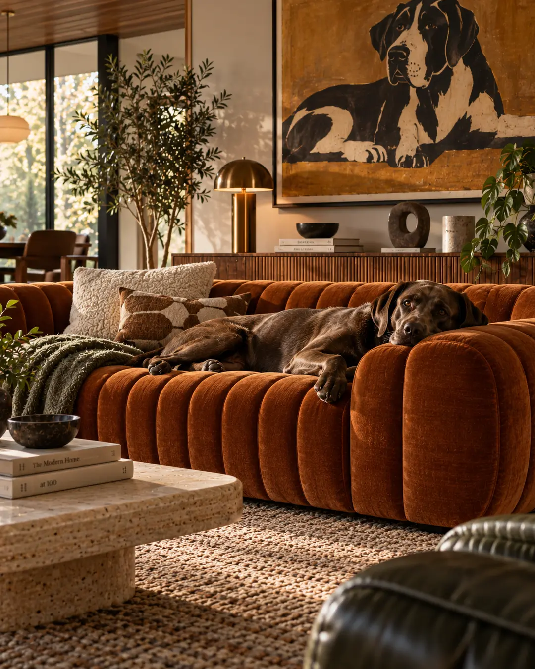 Chocolate Lab lounges on a sculptural rust velvet sofa beneath oversized dog art in a warm, sophisticated mid-century living room.