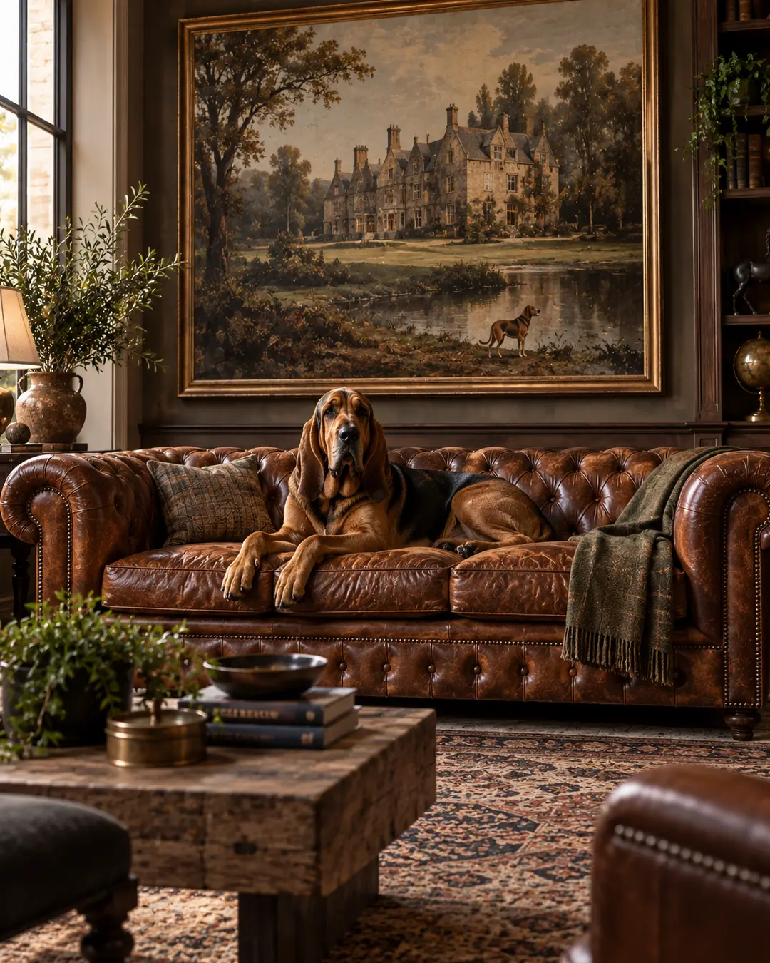 Bloodhound lounges on a weathered leather Chesterfield beneath grand estate artwork in a richly layered, old-world living room.