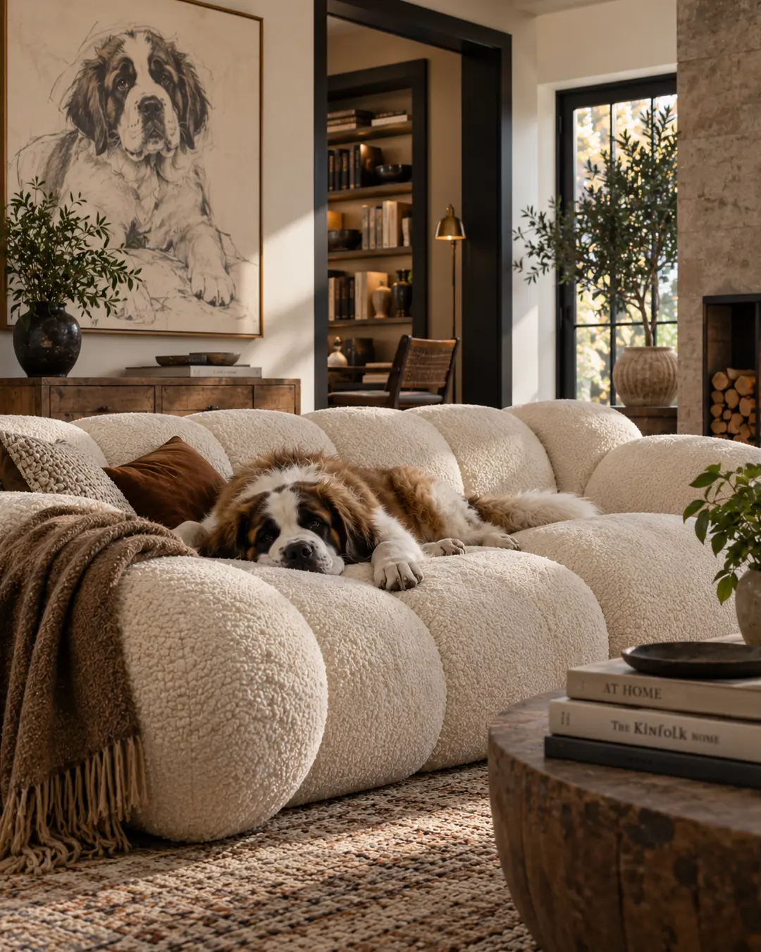 Saint Bernard sprawls across a plush cream bouclé sofa in a warm contemporary living room with fireplace, books and oversized dog art.