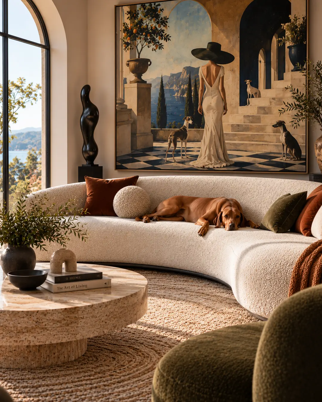 Elegant Mediterranean-inspired living room with a sleeping dog on a curved cream sofa beneath dramatic oversized greyhound artwork.