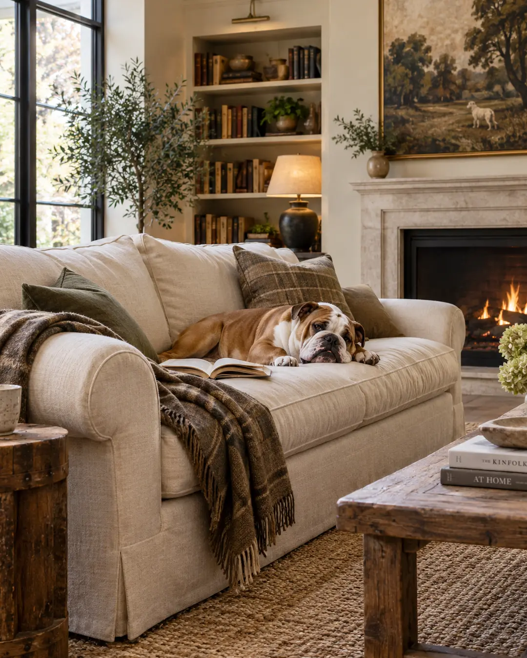 Bulldog relaxes on a soft English roll-arm sofa beside the fireplace in a warm, inviting living room filled with books and layered textures.