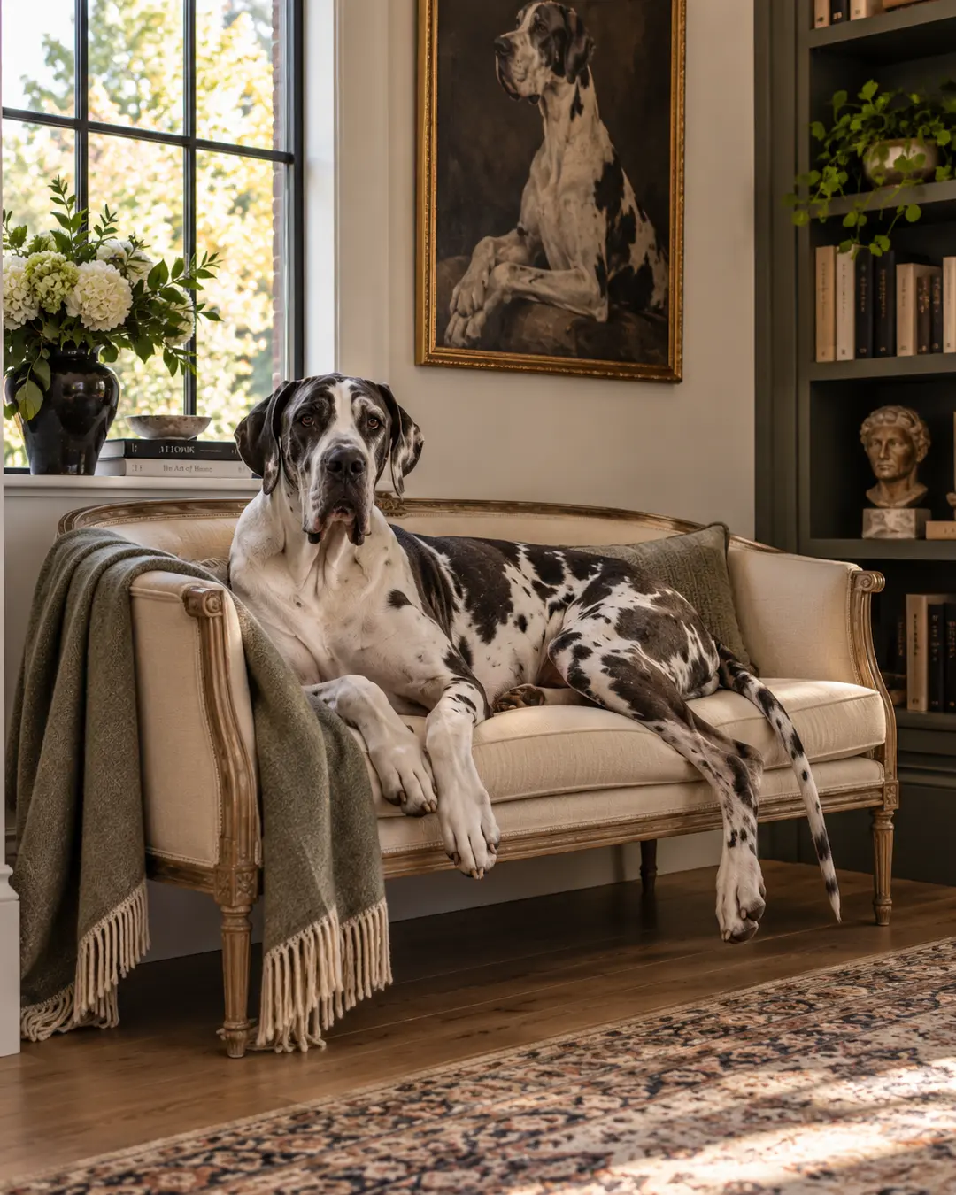 Great Dane stretches across an elegant cream settee beneath a classical dog portrait in a refined, book-lined living room.
