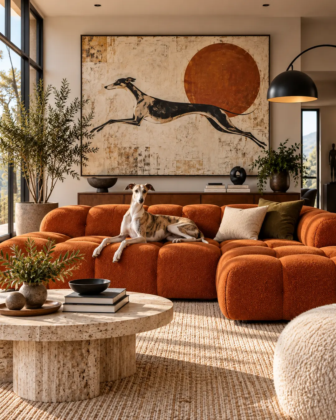 Whippet lounges on a sculptural burnt-orange sectional beneath oversized dog art in a warm, sophisticated modern living room.