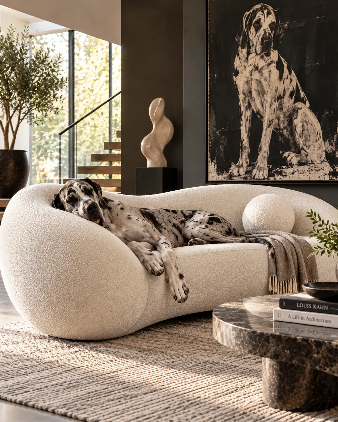 Great Dane lounges on a sculptural cream sofa beneath oversized dog art in a sophisticated contemporary living room.