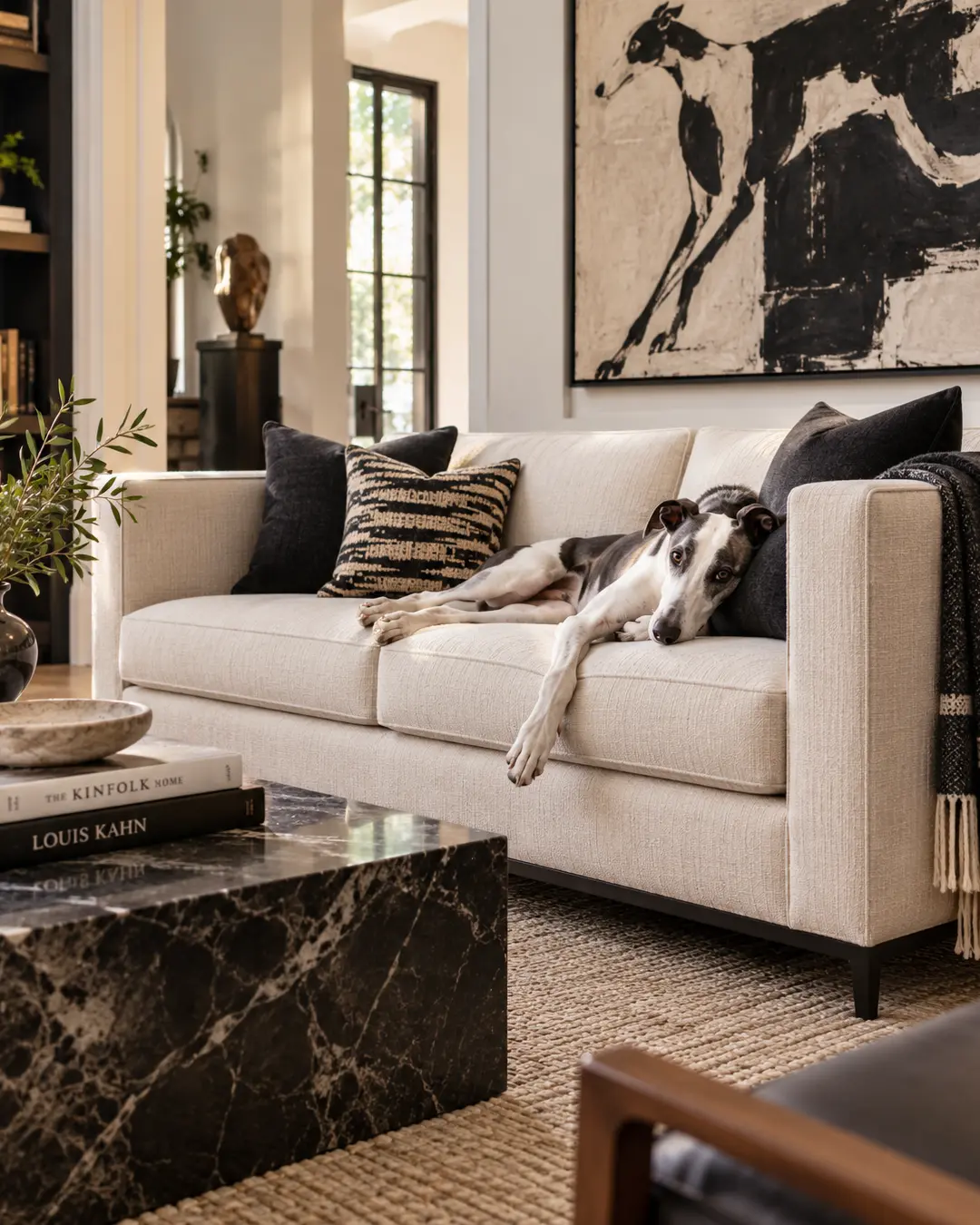 Whippet stretches across a tailored cream sofa beneath bold black-and-white dog art in a sophisticated contemporary living room.