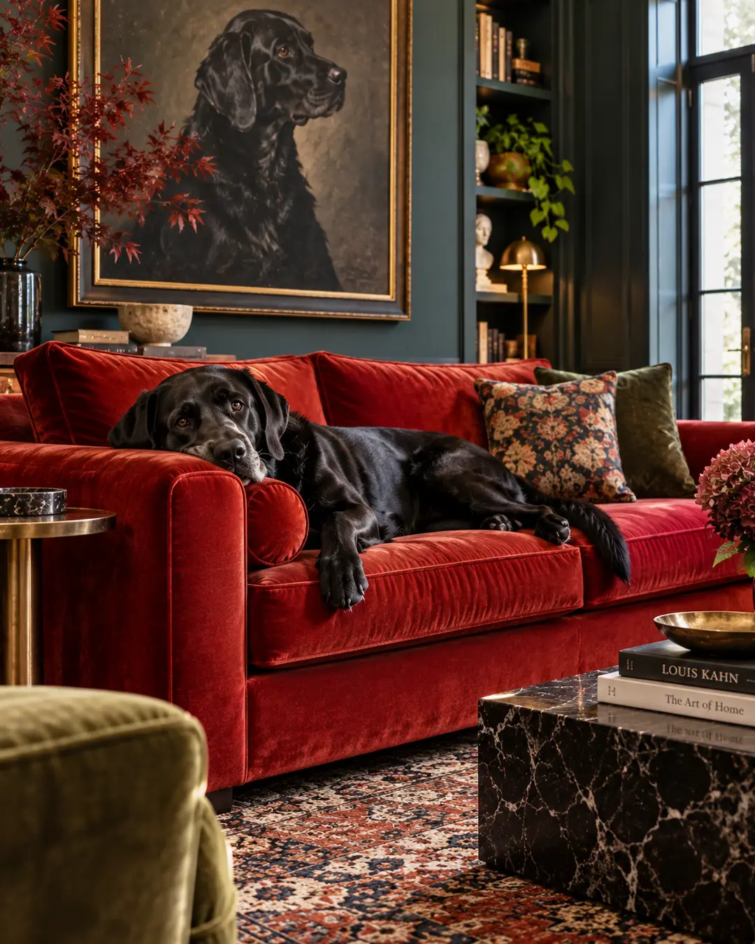 Black Labrador lounges on a rich red velvet sofa beneath a stately dog portrait in a dramatic, sophisticated living room.