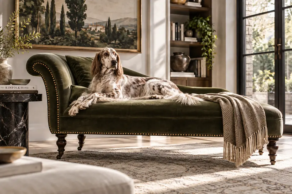 English Setter lounges on an elegant olive velvet chaise in a sunlit traditional living room with warm wood and classic landscape art.